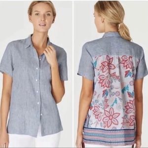 J Jill Linen Linen blend Striped Floral Back Button Top Linen cotton Size Medium